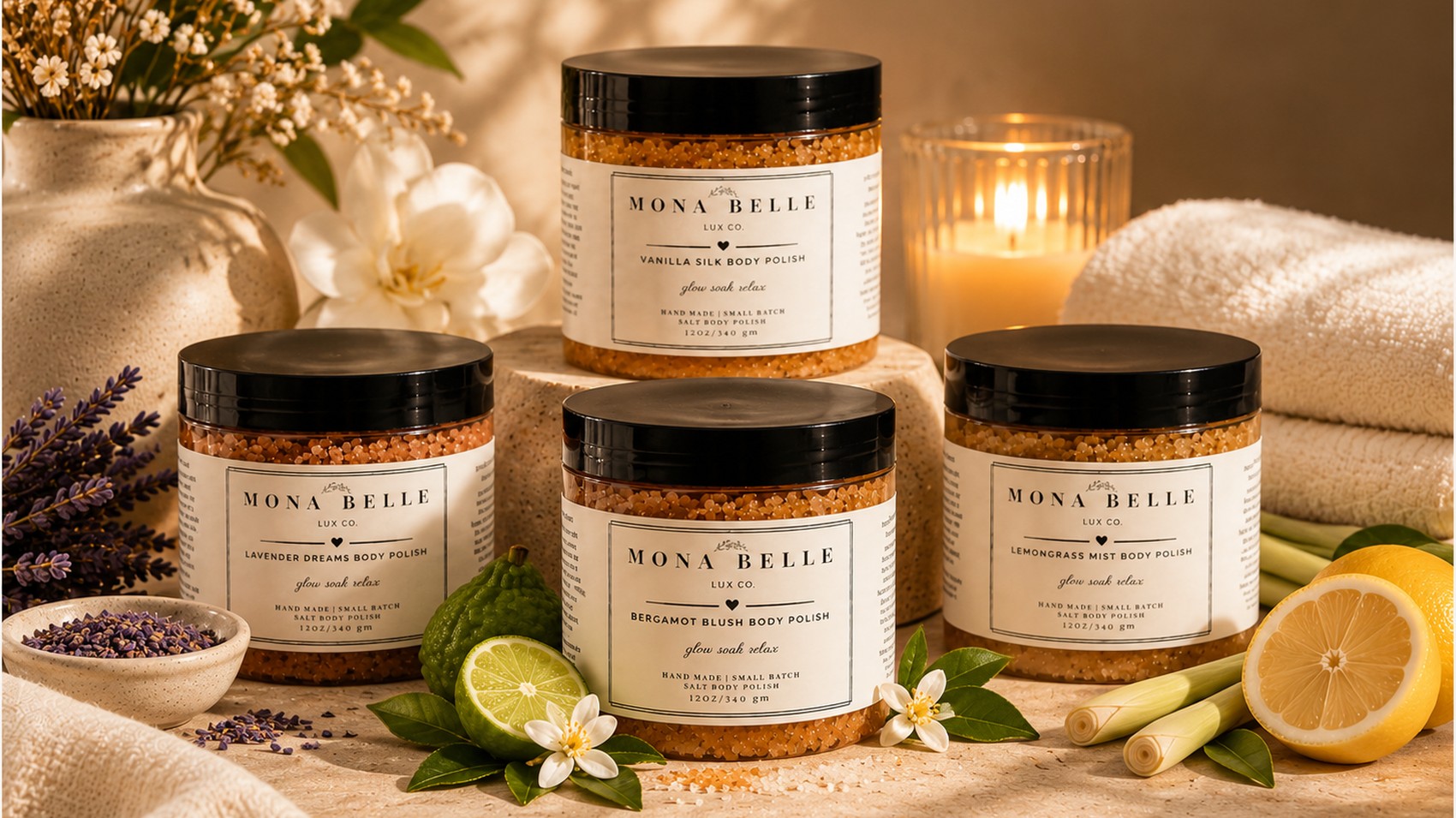Lavender Dreams, Lemongrass Mist, Vanilla Silk and Bergamot Blush Body Polish together