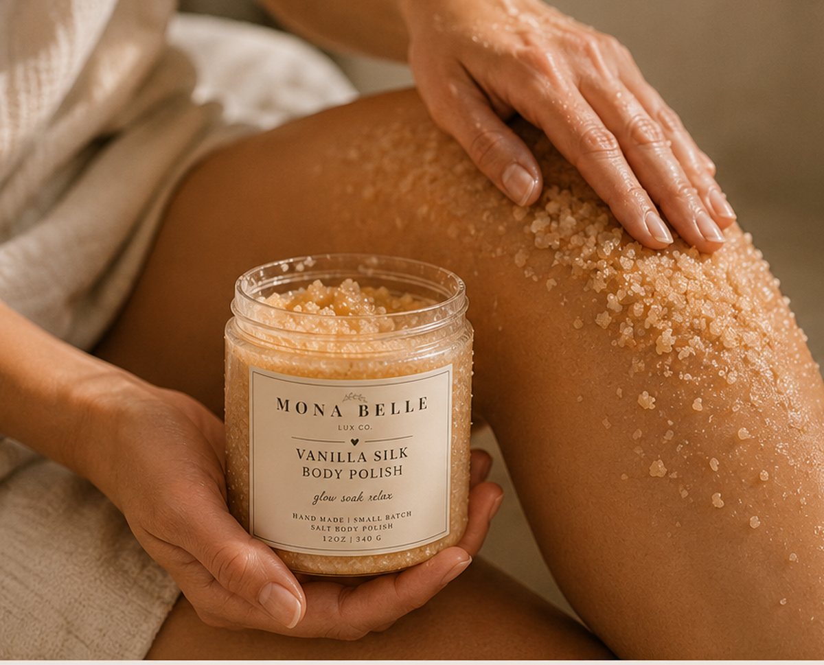 Vanilla Silk Body Polish held beside skin it has just polished