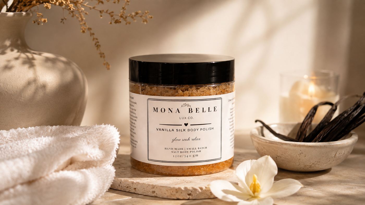 A jar of Vanilla Silk Body Polish in warm daylight