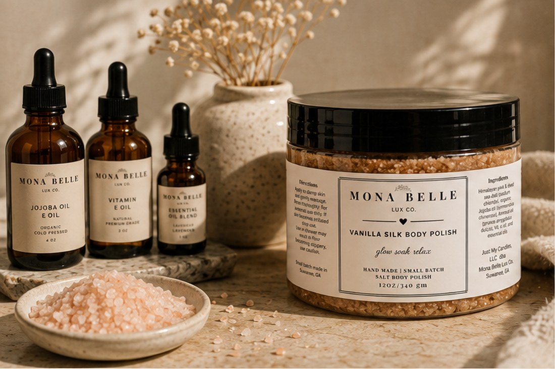 A finished jar beside the jojoba, vitamin E and essential oils