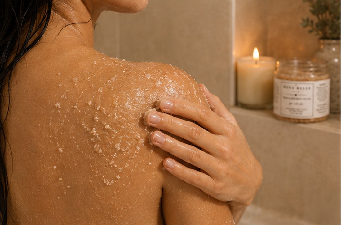Body Polish massaged across the shoulder